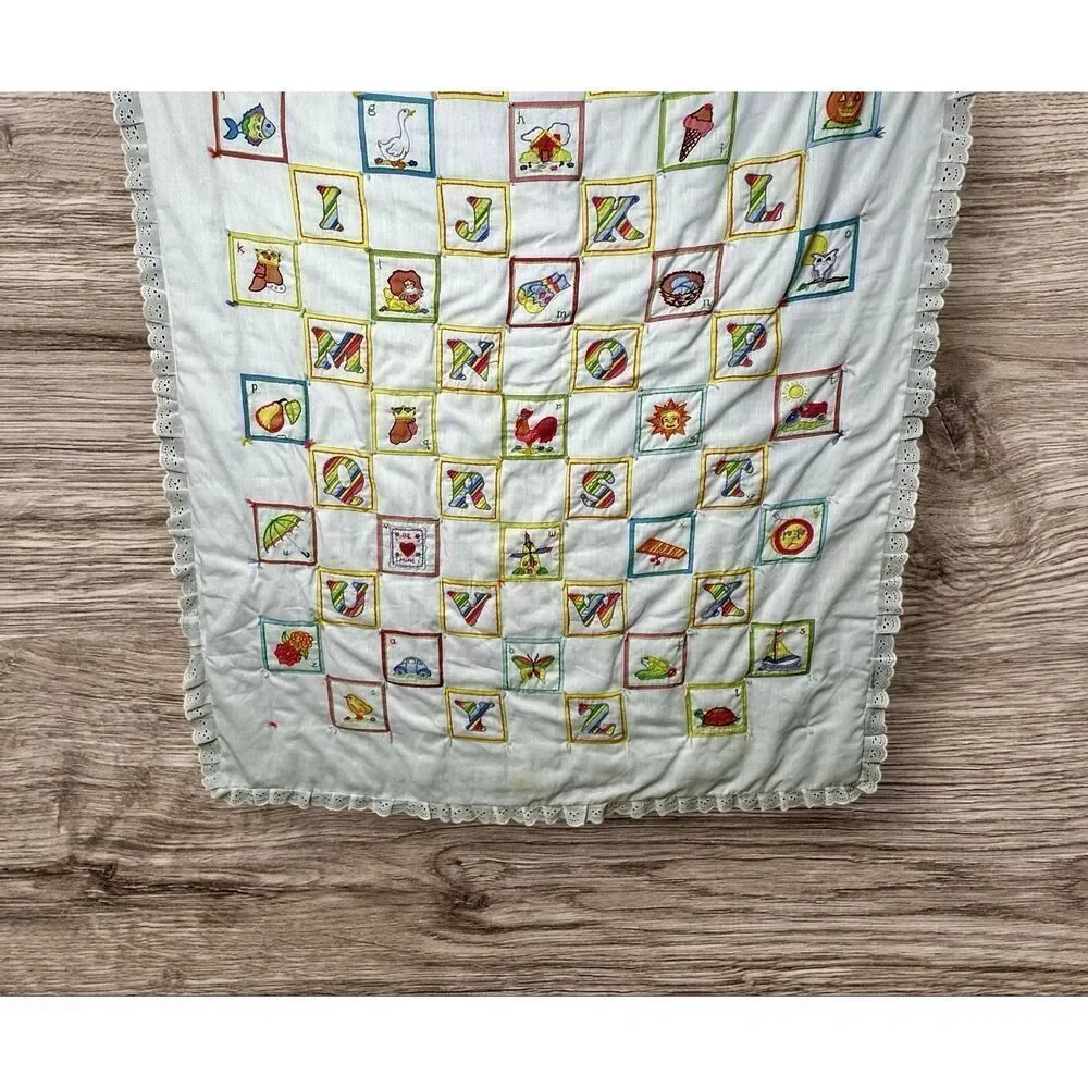 Vintage Hand Embroidered Blanket Baby Blanket Wall Decor Alphabet Patch Work